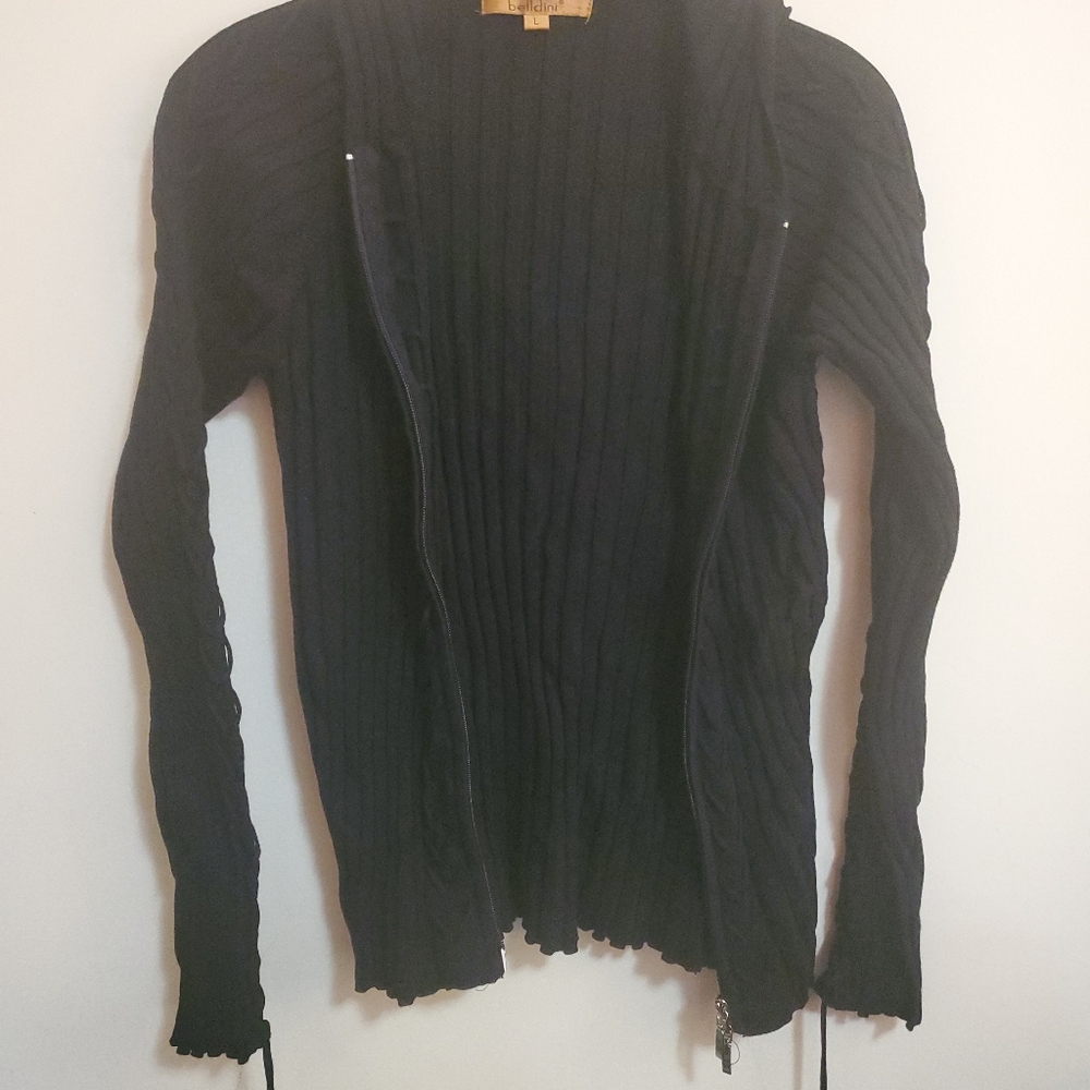 Belldini Cardigan Sweater Womens Large Black Large Ribbed Hooded Zip Lace Up